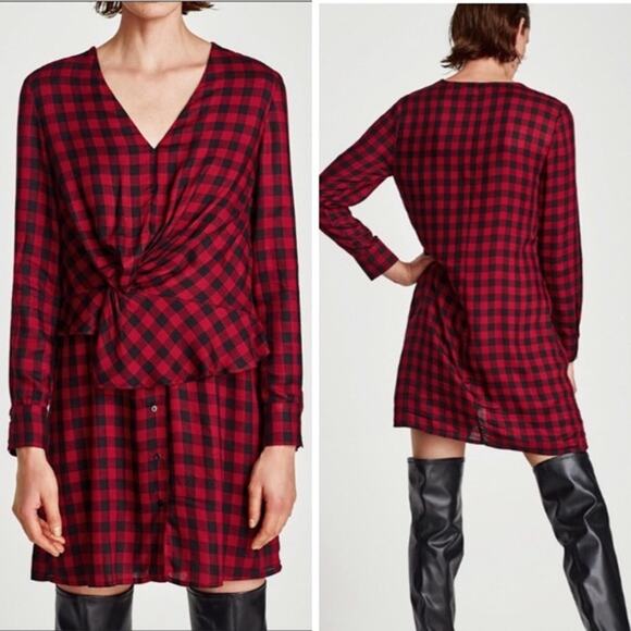 ZARA Plaid Punk Dress 90's Style Long Sleeve Flannel Dress, Red Black - Picture 1 of 14